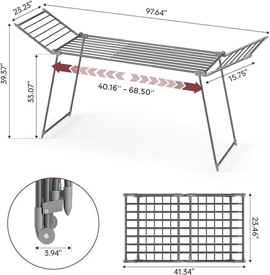 APEXCHASER Clothes Drying Rack Foldable, Large Drying Rack for Clothing Retractable, Winged Laundry Rack Folding Indoor Outdoor, Metal Clothes Airer for Bedding Towel Sweater Heavy Duty, Grey