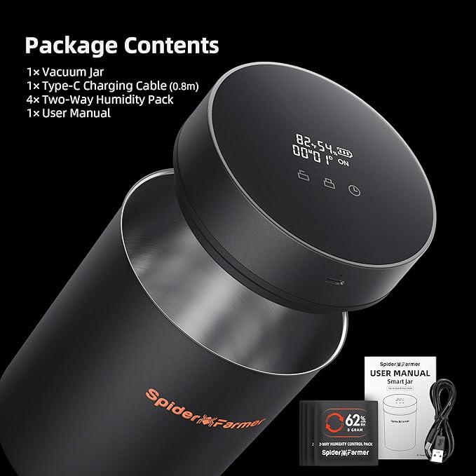 Spider Farmer New Auto-Cure Smart Jar, 2L Portable Vacuum Seal Container with 4 x 62% Humidity Packs, Curing Jar Airtight Storage for Herbs, Mushrooms, Coffee, Spices, Flowers