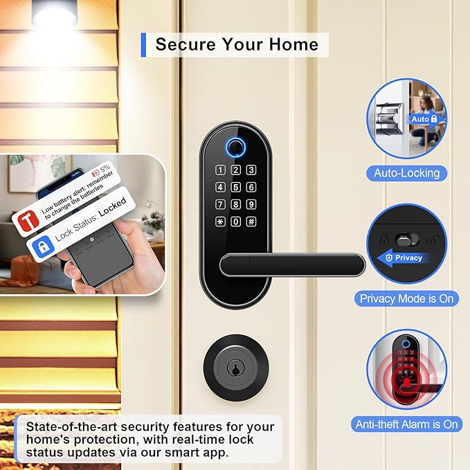Bluetooth Fingerprint Smart Lock with Handle & Keypad – Fits Most US Doors, DIY Install, Keyless Entry: Code, FOB, Auto-Lock. Ideal for Home, Airbnb & Rental, Kids & Seniors. Alexa & Google Compatible
