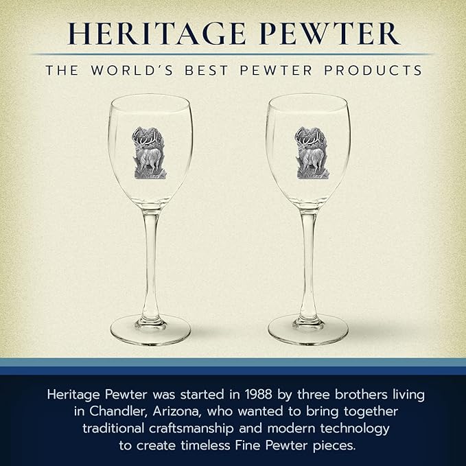 Heritage Pewter Elk Glass Goblets – Set of 2 | 12 OZ Goblet Wine Glasses | Expertly Crafted Pewter Glass