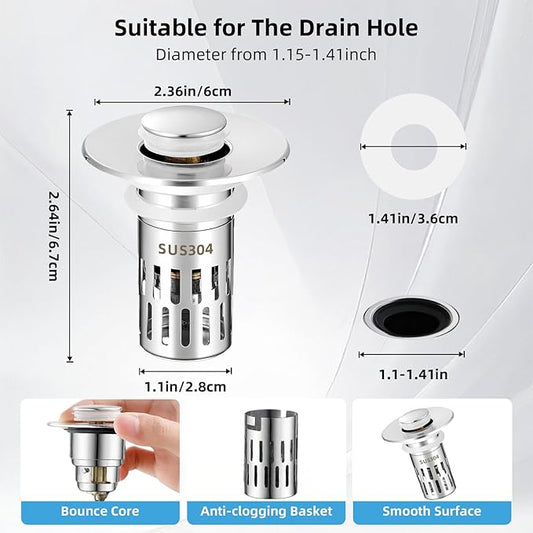 Bathroom Sink Drain Stopper, Universal Pop Up Drain for Bathroom Sink Replacement, Sink Drain Cover with Anti-Clogging Filter Basket Hair Catcher, 2 Pack Sink Drain Strainer for 1.1-1.45 Inch