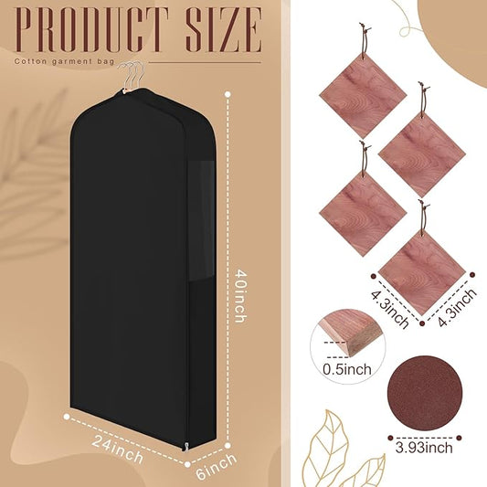 40" Cotton Garment Bag for Hanging and Storage Clothes with 4 Cedar Blocks for Fresh Smell and Moth Protection, Breathable Hanging Storage Bag for Suit Sweater Gown Fur Coat, 6'' Wide, Black