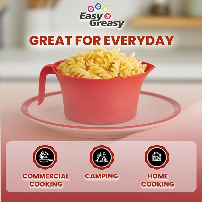 Colander Grease Strainer With Handle And Container, Catch Bowl With Lid 3 Piece Strain Set | Strains Ground Beef, Bacon & Pasta | Safe Kitchen Gadget BPA Free | Made In The USA (Red)