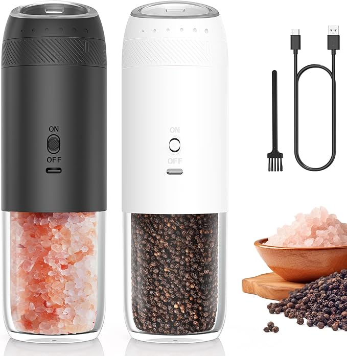 Gravity Electric Salt and Pepper Grinder Set, Automatic Salt and Pepper Mill Sets with LED Light, Type C Charging, Adjustable Coarseness, Large Capacity(2 Pack Black/White)