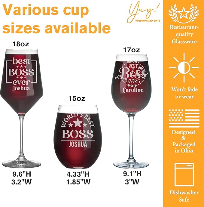 Personalized Boss Gifts for Women, Custom Wine Glass with Engraved Name, Birthday Farewell Retirement Christmas Boss Day Gift for Coworkers Staff Leader Office Decor