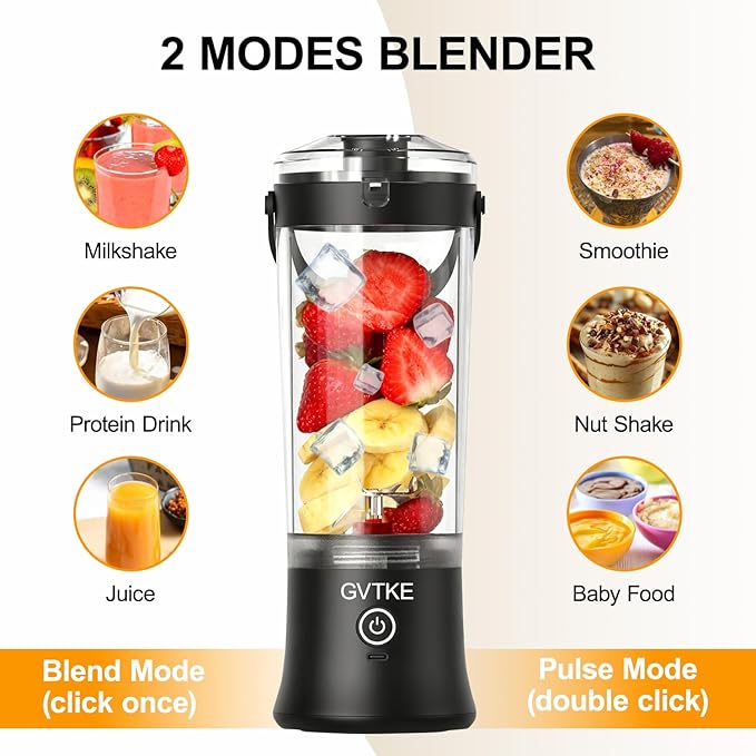 Portable Blender Dual Mode 18000RPM 20Oz Blending Cup Ice Crushing Smoothie Frozen Fruit Mini For Home Gym Travel(Black)