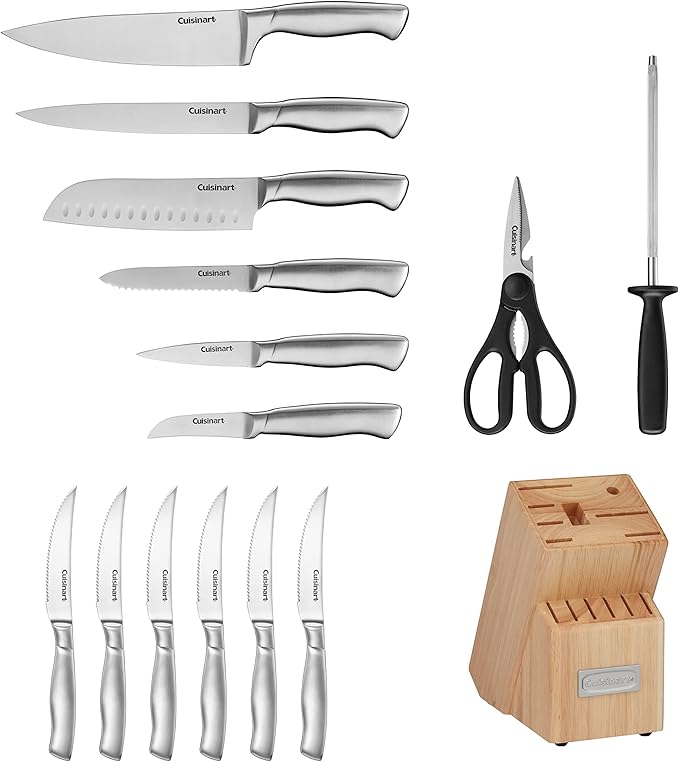 Cuisinart Block Knife Set 15pc Cutlery Knife Set with Steel Blades for Precise Cutting, Lightweight, Stainless Steel Durable& Dishwasher Safe, Natural