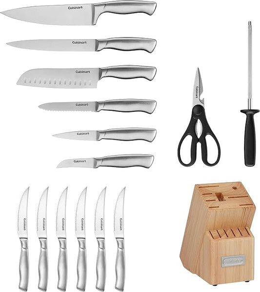 Cuisinart Block Knife Set 15pc Cutlery Knife Set with Steel Blades for Precise Cutting, Lightweight, Stainless Steel Durable& Dishwasher Safe, Natural