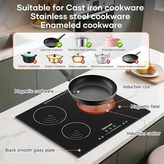 24 Inch Induction Cooktop 3 Burners, 5400W Built-in Induction Stovetop, 3 Power Boost Burners Electric Cooktop, Child Lock, 9 Power Levels, Timer, Touch Control 220-240V Hard Wire