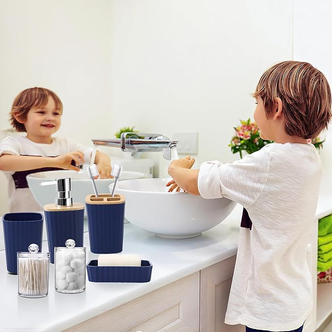 Navy Blue Bathroom Accessories with Bath Towels Ombre Shower Curtain, Blue Bathroom Setwith Trash Can,Toothbrush Holder,Toothbrush Cup,Soap Dispenser,Soap Dish,Toilet Brush and Qtip Holders
