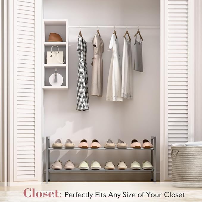 Bumusty 2 Tier Expandable Shoe Rack for Closet, 18“-33” Adjustable Shoe Rack for Small Space, Small Shoe Organizer for Front Door, Sturdy Metal, Light Grey