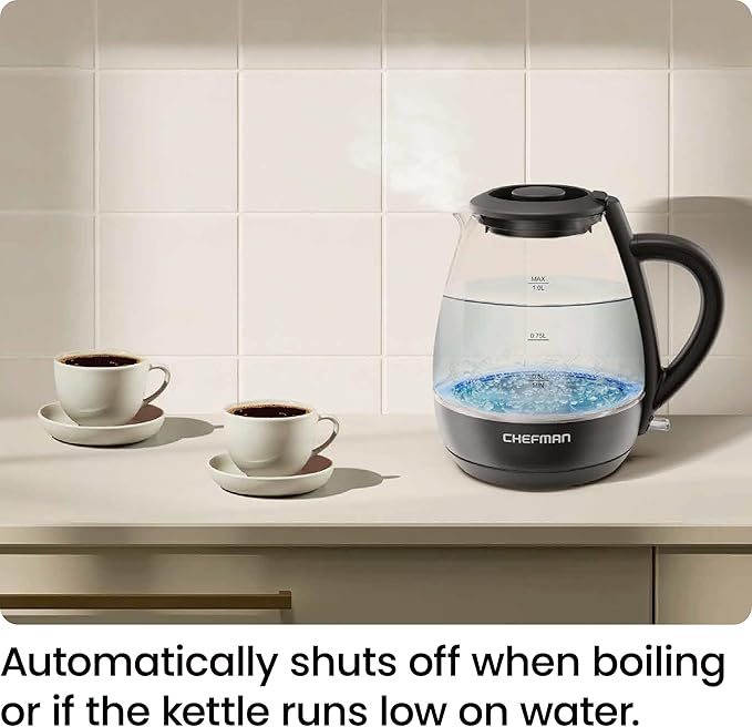 Chefman Electric Kettle with Tea Infuser, 1L 1500W, Removable Lid for Easy Cleaning, Boil-Dry Protection, Stainless Steel Filter, BPA Free, Auto Shut Off Hot Water Boiler, Small Electric Tea Kettle