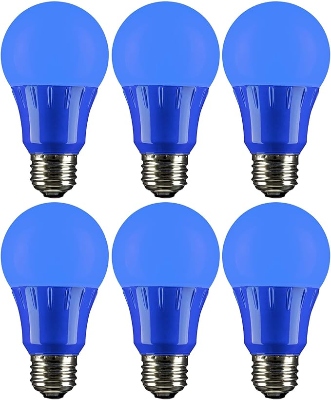 Sunlite 40468 LED A19 Colored Light Bulb, 3 Watts (25w Equivalent), E26 Medium Base, Non-Dimmable, UL Listed, Party Decoration, Holiday Lighting, 6 Count, Blue