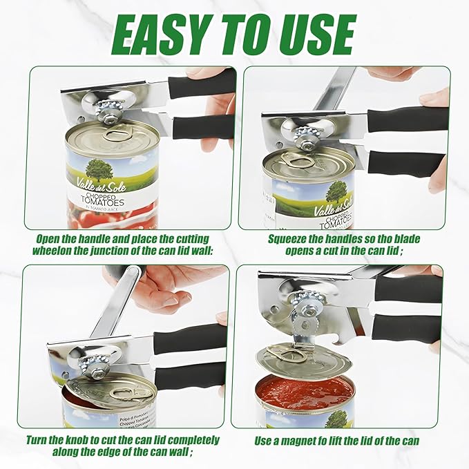 Commercial Can Opener Stainless Steel Handheld Can Opener Smooth Edge with Easy Crank Handle Black Swing Grips for Bulk Cans and All Size Cans
