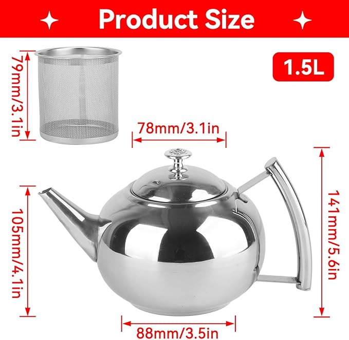 Stainless Steel Tea Pot with Infuser, Tea Pot with Removable Infuser For Loose Leaf and Tea Bags Metal Tea Kettle with Filter Stovetop Tea Maker Brewing Loose Leaves and Tea Bags (1.5L)