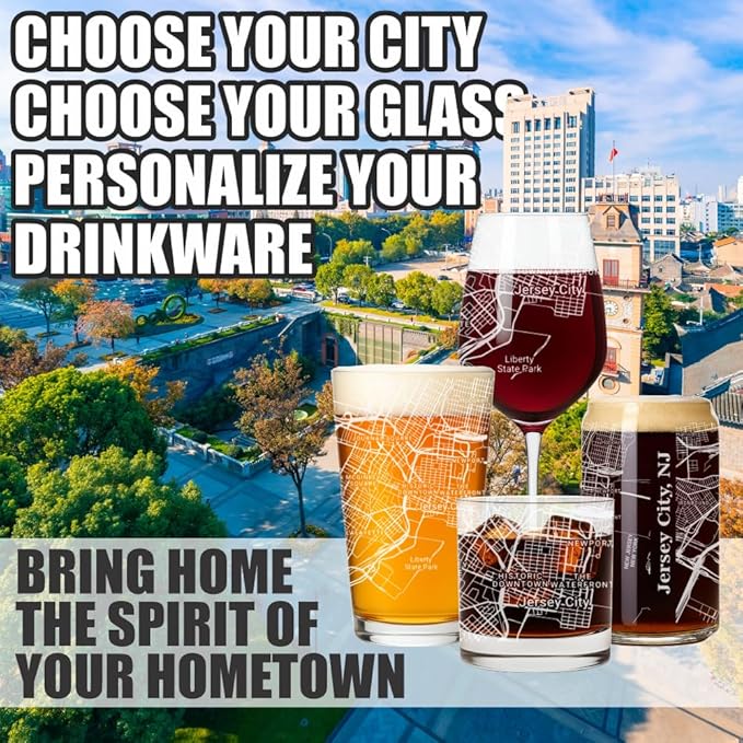 Blue Ridge Mountain Gifts - Jersey City Souvenir - New Jersey Glassware Gift, Etched City Map, Laser Engraved and Dishwasher Safe