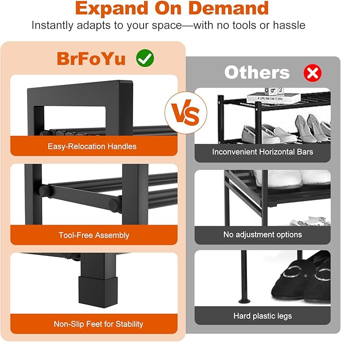Expandable Shoe Rack for Closet Adjustable Metal Shoe Rack for Entryway 18.5"-33" Free Standing Shoe Organizer 12 Pairs with Hooks 3-Tier Small Shoe Shelf for Bedroom Garage Dorm Floor, Black