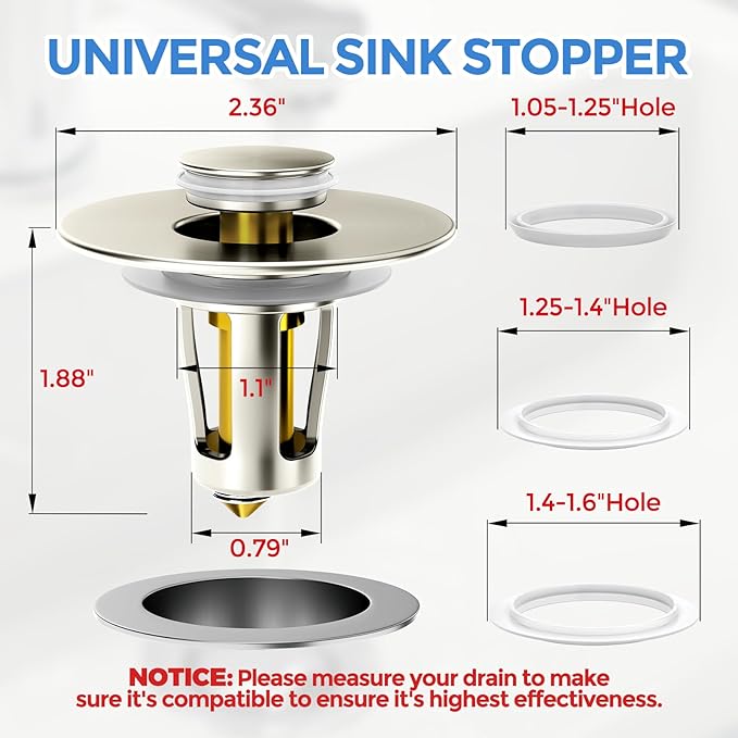 zaa Bathroom Sink Stopper - 2Pack Bathroom Sink Drain Strainer,Pop Up Bathroom Drain Stopper with Anti-Clogging Filter Basket,for 1.05~1.65 in U.S.Standard Basin Drain Holes,Brushed Nickel