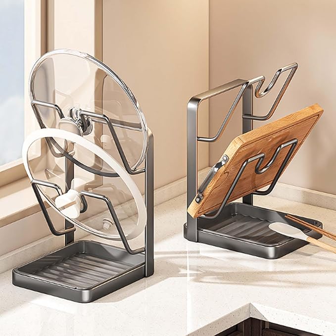 Kitchen Pot Lid Storage Rack, 2026 New Pot Lid Organizer Rack, Kitchen Pot Lid Holder While Cooking with Tray, Multifunctional Kichen Lid and Spoon Rest, Perfect for Busy Cooking (Gray, Double-layer)