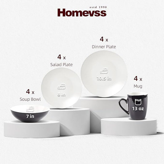 Stoneware Two-Tone Colors Life 16pc Dinner Set，Outside Shiny Black + Inside Matte Glaze Off White Cream color