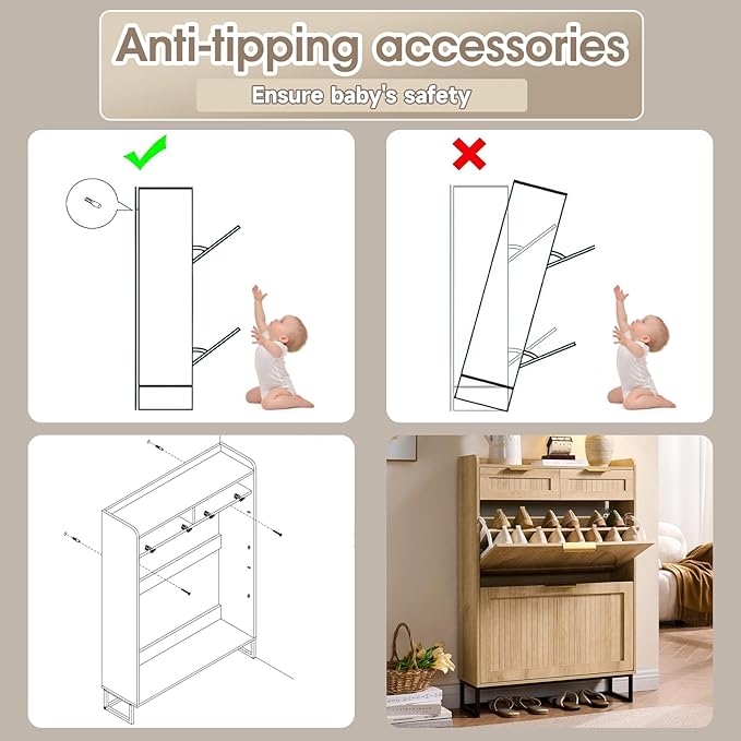 Fluted Shoe Cabinet Storage for Entryway – Narrow Shoe Rack with 2 Flip Drawers & 2 Storage Drawers, Freestanding Hidden Shoe Organizer for Foyer, Hallway (Natural)