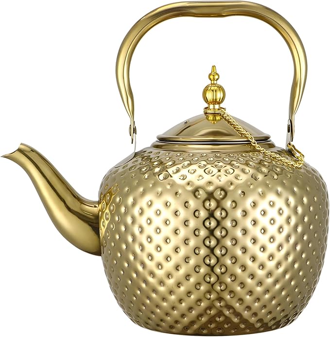 2000ml Tea Kettle, Stainless Steel Teapot with Infuser, Hammered Finish, Curved Spout, Decorative Water Kettle, Gold