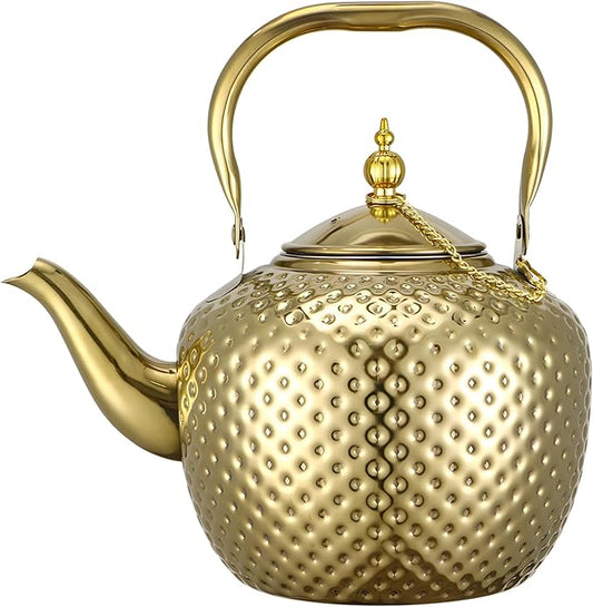 2000ml Tea Kettle, Stainless Steel Teapot with Infuser, Hammered Finish, Curved Spout, Decorative Water Kettle, Gold