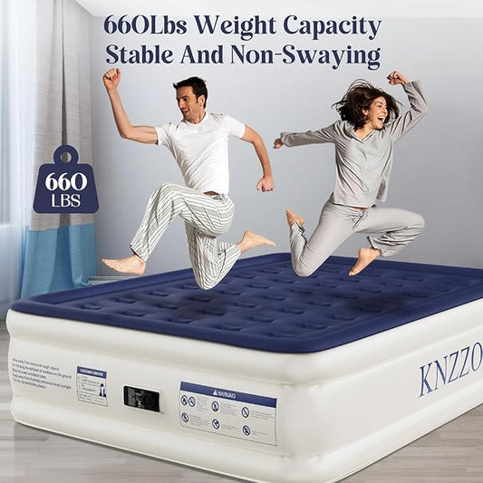 Air Mattress Queen with Built-in Pump, Blow Up Mattress with Soft Flocked Top, Leakproof Inflatable Mattress, Foldable Waterproof Air Bed for Home, Guests, Camping, with Storage Bag