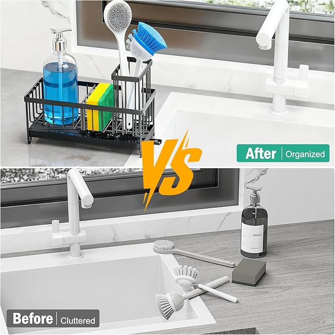 2 Pack Sponge Holder for Kitchen Sink, Sink Caddy Organizer with High Brush Holder & Auto-Drain Tray, Stainless Steel Countertop Storage for Soap Dispenser & Dish Brush, Fast Local Shipping