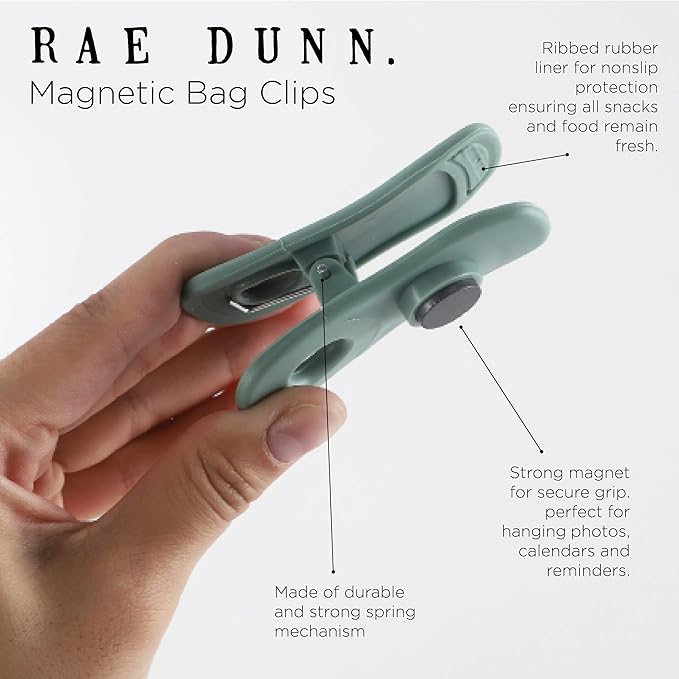 Rae Dunn Bag Clips with Magnet - Chip Clips, Food Storage with Air Tight Seal Grip for Bread, Snack and Food Bags, Pack of 10, Sage