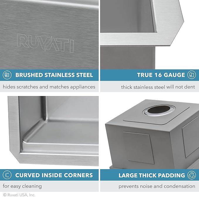 Ruvati 27-inch Undermount Rounded Corner Workstation Kitchen Sink Single Bowl – 16 Gauge Stainless Steel Kitchen Sinks with Brushed Finish hides scratches, Easy-to-Clean - RVH8327