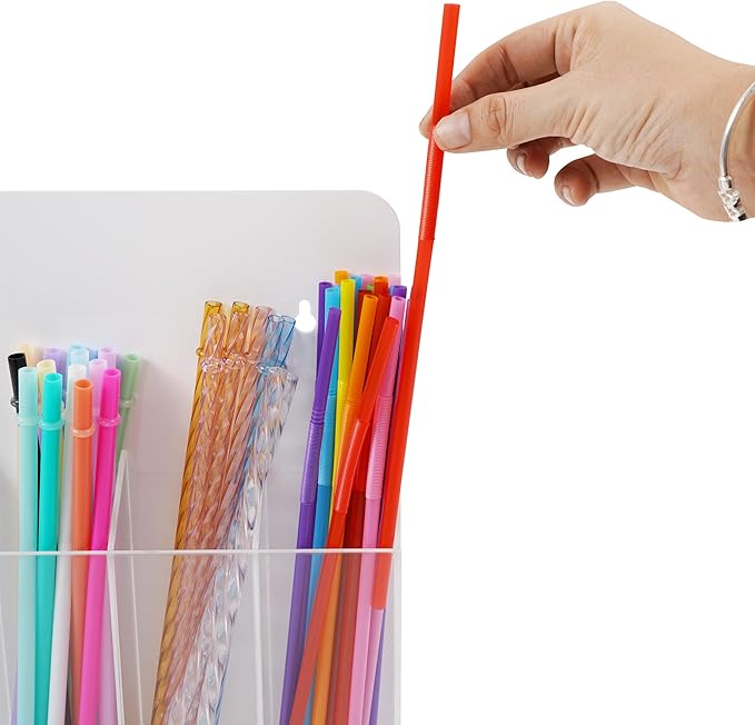 Acrylic Straw Holder for Cabinet Door Large Capacity 12"x10" Reusable Tumbler Drinking Straws Organizer Dispenser Storage for Cupboard with Ultra Sticky Adhesive Squares and Stickers