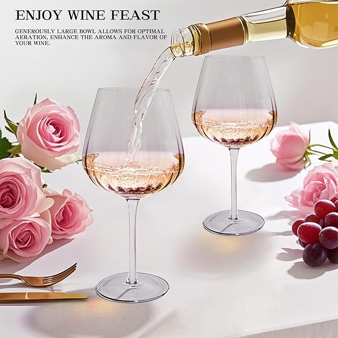 Pink Wine Glasses Set of 2, Birthday Gifts for Women, 21oz Large Wine Glasses, Colored Crystal Glassware, Unique Drinkware Gift for Friend, Mom, Wife, Wedding, Anniversary, Special Occasions