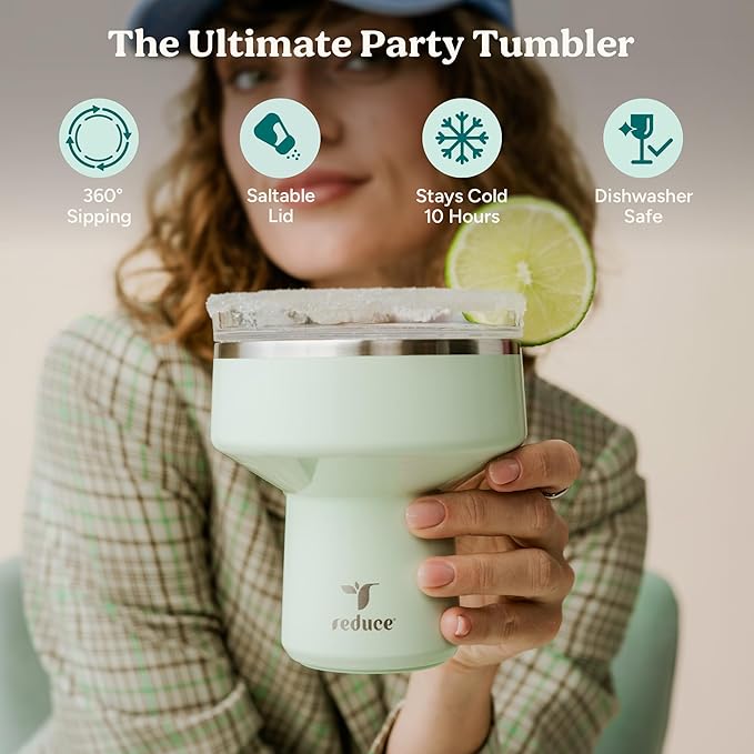 REDUCE Saltini 16 oz Cocktail Tumbler - Insulated Margarita Tumbler with Lid - Keeps Drinks Cold for 10 Hours - 360 Sippable Martini Glass Alternative - Shatterproof, Perfect for Parties - Papaya