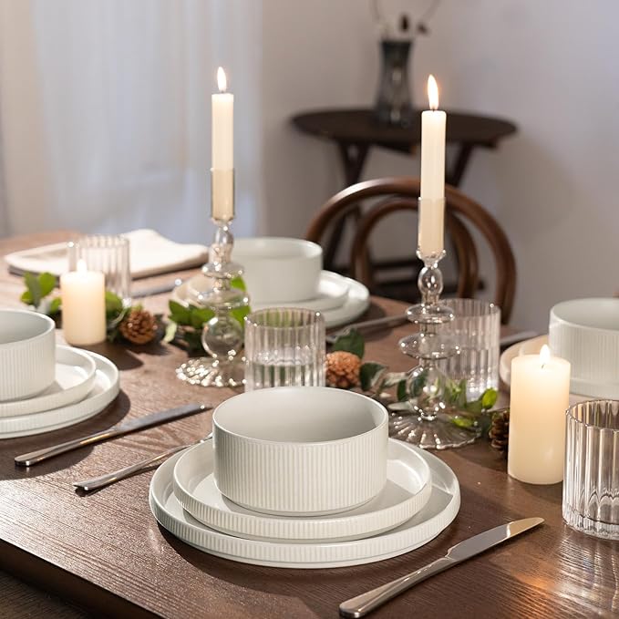 Famiware Star Dinnerware Set with Pasta Bowls, Service for 4 (16pcs), Ribbed Stoneware Plates and Double Bowls Dishes Sets - Chip & Scratch Resistant, Microwave & Dishwasher Safe, Matte White