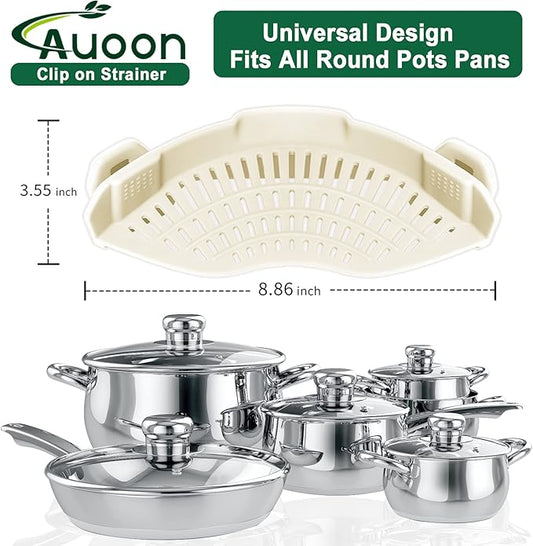 AUOON Clip On Strainer Silicone for All Pots and Pans, Pasta Strainer Clip on Food Strainer for Meat Vegetables Fruit Silicone Kitchen Colander (White)