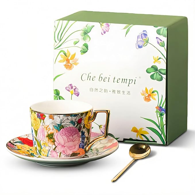 Exquisite Bone China Tea Cups and Saucer Set – Elegant Porcelain Tea Cups, Beautifully Detailed for Tea Lovers, Gift-Ready for Christmas, Hostess, Holiday Gift & Fall Decor