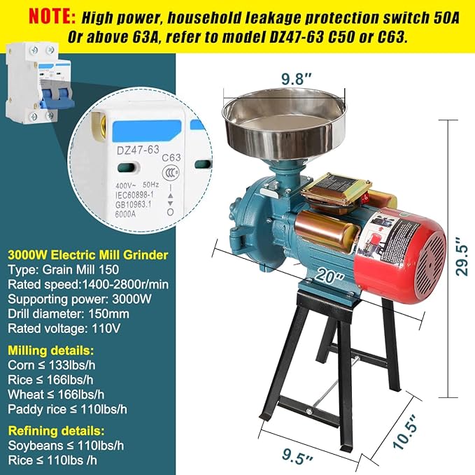 Electric Grain Grinder Mill, 3000W 110V, Dry Cereals Rice Coffee Wheat Corn Mills with Funnel, Grain grinder mill powder machine