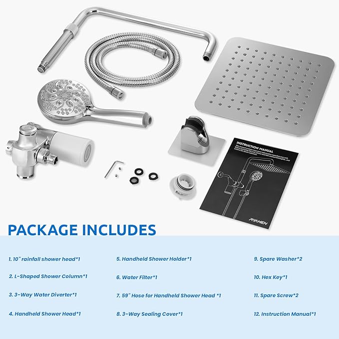 Ryamen Upgraded Dual Shower Heads Combo, 10 inch Filtered Shower Head with Handheld, 3-Way Rain Shower Head with Filters, 7 Settings Handheld Spray, High Pressure, Height Adjustable (Silver)