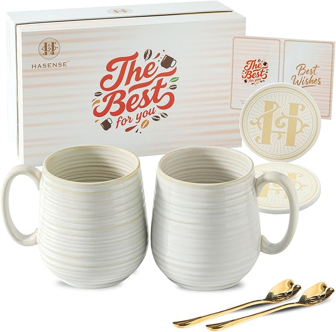 HASENSE Coffee Mugs Set of 2, 20 oz Ceramic Coffee Cups for Men and Women, Premium Large Tea Cups Gift Box with Coaster & Gold Spoon, Couple Mugs for Christmas Wedding Gift, Clay-Infused White