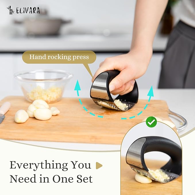 Stainless Steel Garlic Press Rocker Set (Black) - Includes Silicone Peeler and Cleaning Brush for Effortless Garlic Mincing