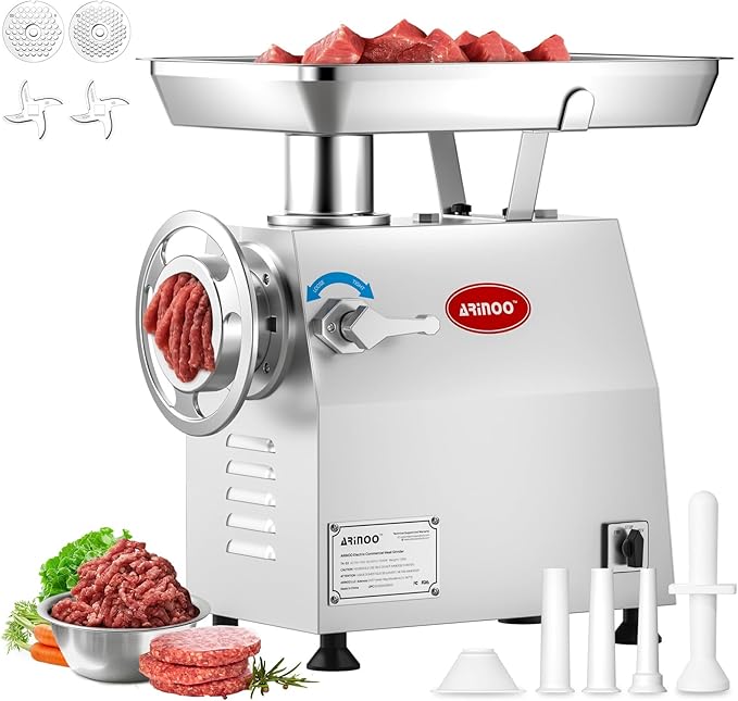 Commercial Meat Grinder #32, 2.0HP Heavy Duty Industrial Stainless Steel Meat Mincer, Sausage Stuffer with 2 Blades, 2 Plates & 3 Sausage Tubes, Meat Grinder Machine for Deer Processing,Pet Food