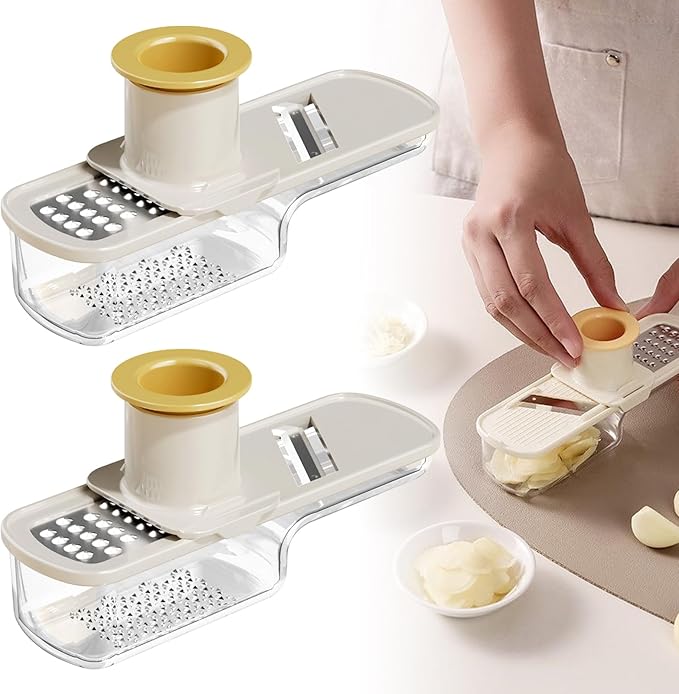 Multifunctional Garlic Grinder & Mandoline Slicer,2025 New Mini Ginger Garlic Grinding Planer Chopper Hand Press Vegetable Mandoline Cutter Tool with Container (Creamy/2PCS)