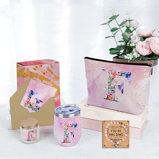 Personalized Gifts Monogrammed Birthday Gifts for Women, Aunt Grandma Retirement Christmas Initial Wine Tumbler Makeup Bag Scented Candle Bracelet Set, (Aesthetic Pink Flower F)