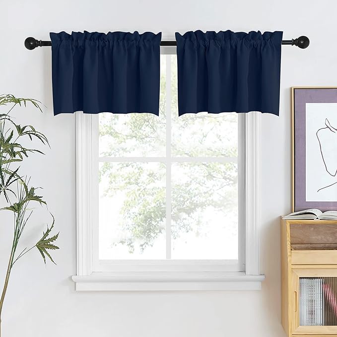 NICETOWN Blackout Window Valance 18 Inches Long +1.6 Inches Header Double Rod Pocket Thermal Insulated Small Curtain Valance for Bedroom Living Room Kitchen Bathroom, 1 Pair, 42 Inches Wide, Navy