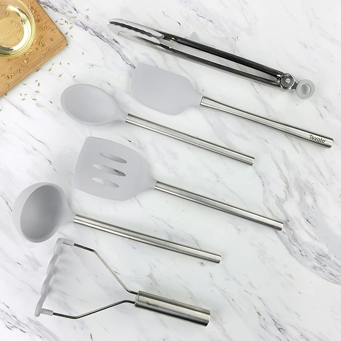 Tovolo Silicone Cooking Utensil Set of 6 Oyster Gray Ladle Slotted Turner Tongs Flex Core Spatula Scraper Mixing Spoon and Potato Masher, Dishwasher Safe Non Toxic BPA Free Silicone Kitchen Utensils
