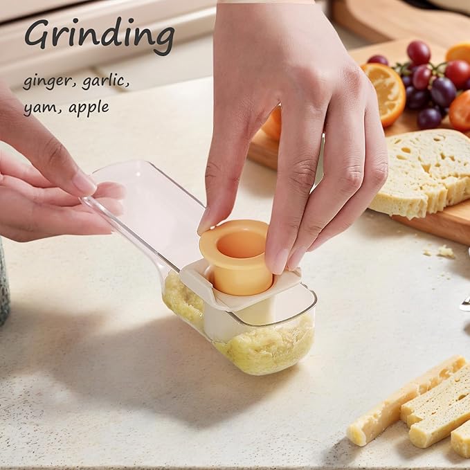 Multifunctional Garlic Grinder, 3 in 1 Mini Garlic Slicer Super Thin with Hand Guard, Vegetable Garlics Ginger Grind, Slice and Shred Mandoline Cutter with Container for Kitchen Tool (White)