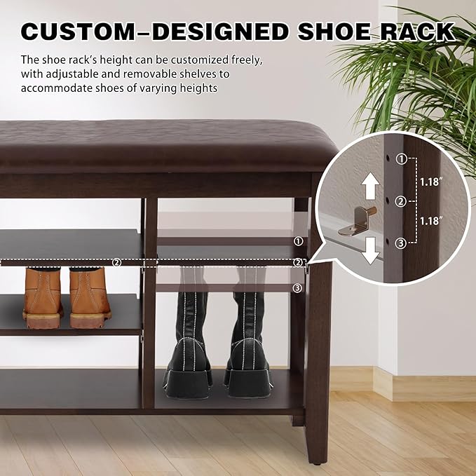 PY HOME & SPORTS Shoe Rack for Entryway 31.5": 3-Tier Shoe Storage Bench,Adjustable/Removable Shelves, Rubberwood Shoe Benches for Hallway, Porch, Bathroom, Brown