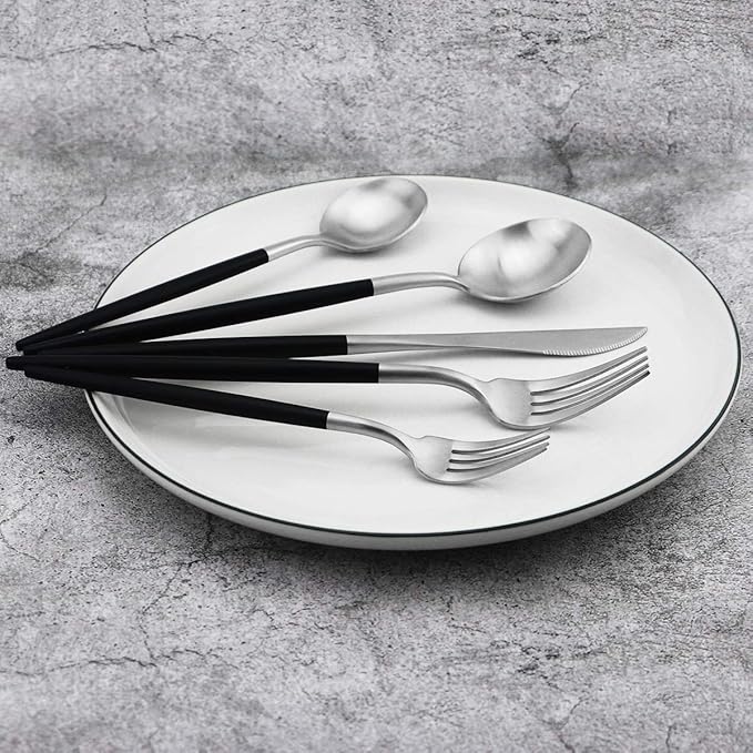 Gugrida 20-Piece 18/10 Stainless Steel Flatware Silverware, Luxury Dinnerware Set Travel Cutlery Tableware Include Knife Fork Spoon Service for 4, Dishwasher Safe (Black Handle Matte Silver)