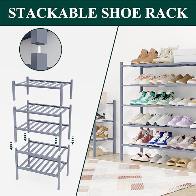 Smiry Shoe Rack, 3 Tier Long Bamboo Shoe Organizer, Stackable Free Standing Wooden Shoe Storage Shelf for Closet, Entryway, Front Door Entrance, Grey